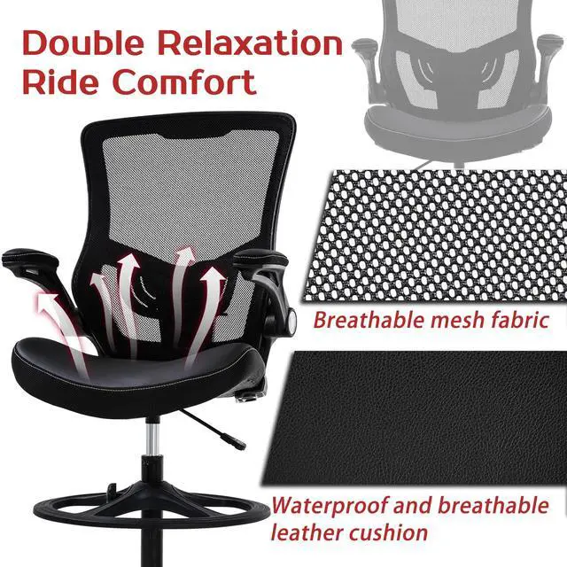 Alt view image 3 of 7 - Drafting Chair Mid-Back Mesh Tall Office Chair with Flip-Up Arms Desk Chair with Ergonomic Lumbar Support Foot Ring,Black