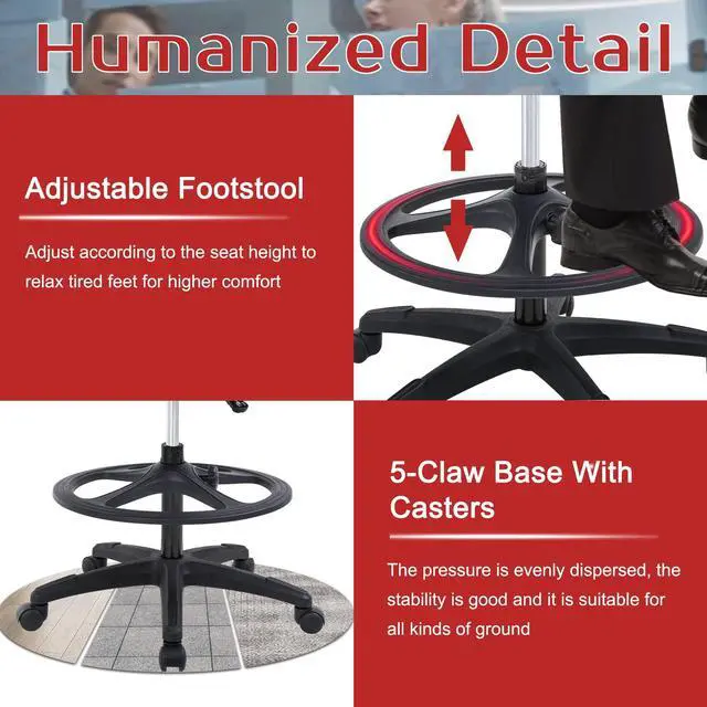 Alt view image 5 of 7 - Drafting Chair Mid-Back Mesh Tall Office Chair with Flip-Up Arms Desk Chair with Ergonomic Lumbar Support Foot Ring,Black