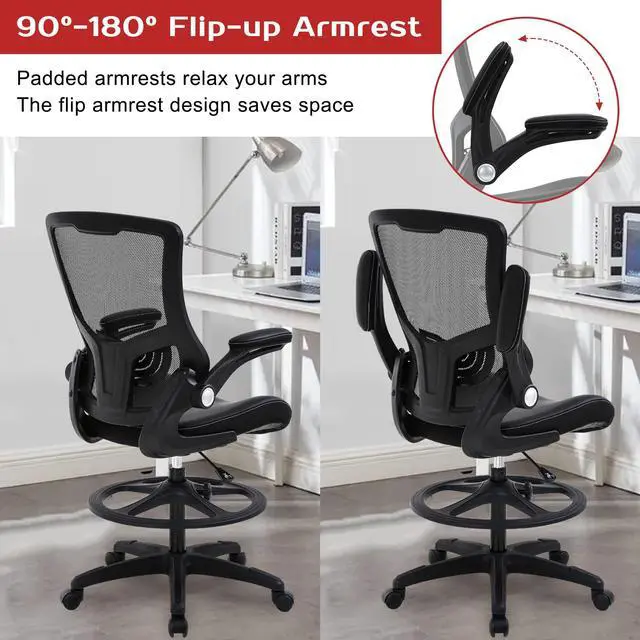 Alt view image 6 of 7 - Drafting Chair Mid-Back Mesh Tall Office Chair with Flip-Up Arms Desk Chair with Ergonomic Lumbar Support Foot Ring,Black