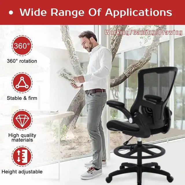 Alt view image 7 of 7 - Drafting Chair Mid-Back Mesh Tall Office Chair with Flip-Up Arms Desk Chair with Ergonomic Lumbar Support Foot Ring,Black