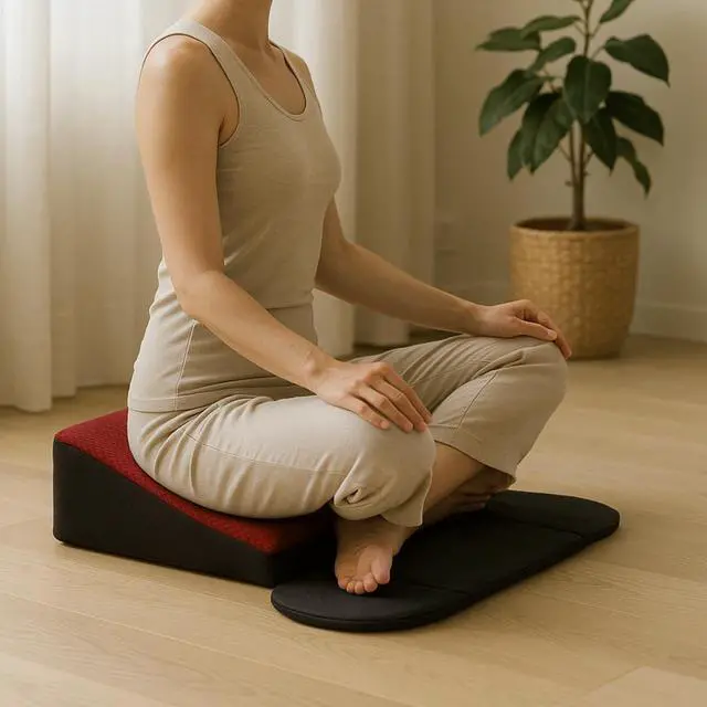 Alt view image 2 of 5 - ZenSlope Pro Seat Elevated Meditation Cushion to Lift The Spine with Foldable Wings for Ankles,Premium Quilted Fabric & Carry Case Ideal for Cross-Legged Sitting Maroon