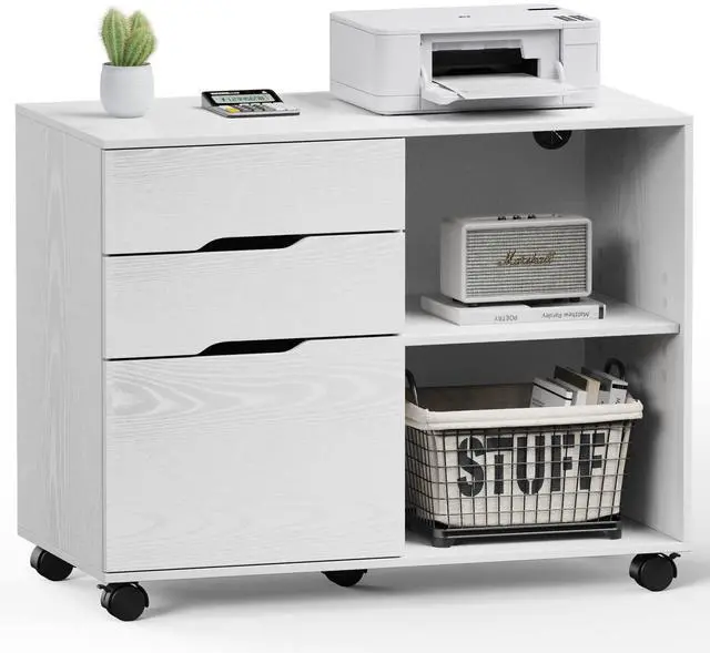 Main image of File Cabinet with 3 Drawers, Mobile Lateral Filing Cabinet with Open Storage Shelves for Home Office Under Desk Storage, White