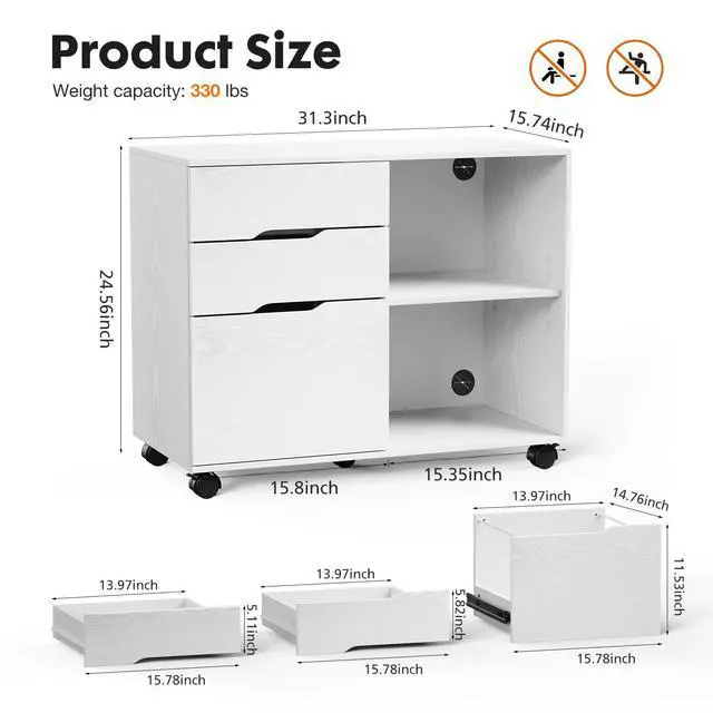 Alt view image 2 of 7 - File Cabinet with 3 Drawers, Mobile Lateral Filing Cabinet with Open Storage Shelves for Home Office Under Desk Storage, White