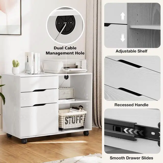 Alt view image 3 of 7 - File Cabinet with 3 Drawers, Mobile Lateral Filing Cabinet with Open Storage Shelves for Home Office Under Desk Storage, White