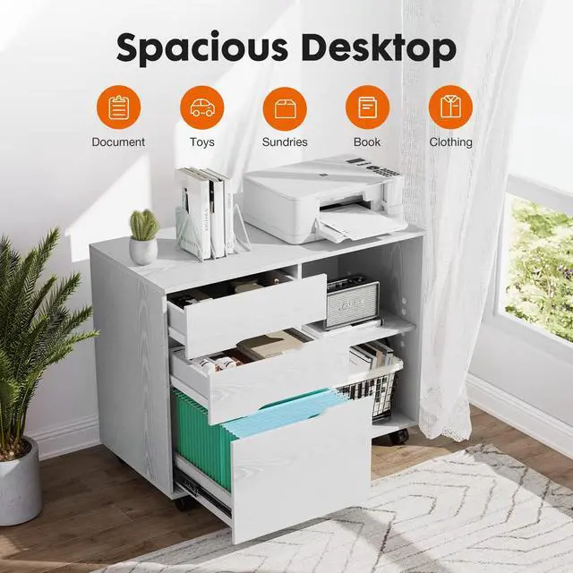 Alt view image 6 of 7 - File Cabinet with 3 Drawers, Mobile Lateral Filing Cabinet with Open Storage Shelves for Home Office Under Desk Storage, White