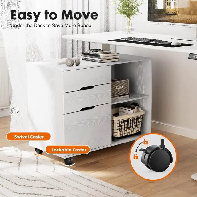 Alt view image 4 of 7 - File Cabinet with 3 Drawers, Mobile Lateral Filing Cabinet with Open Storage Shelves for Home Office Under Desk Storage, White