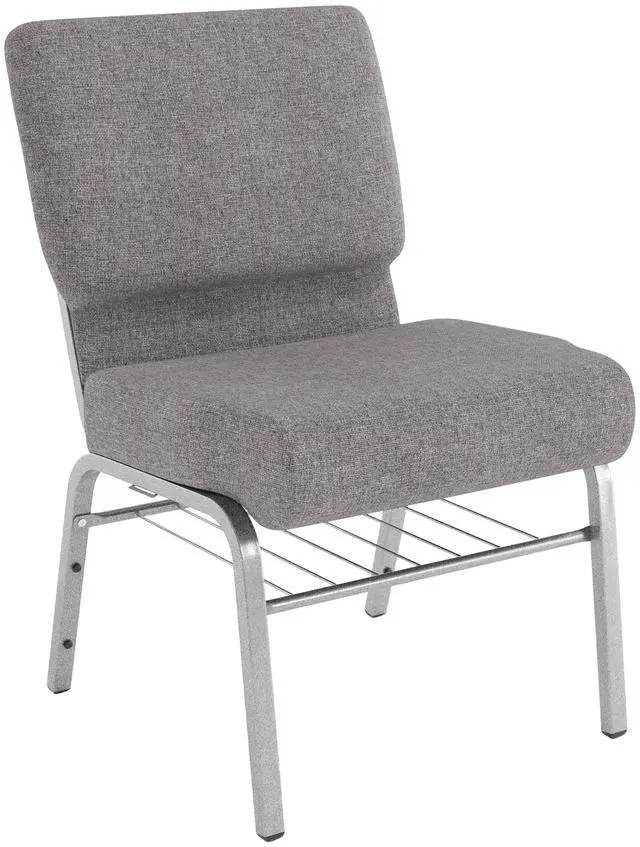 Main image of HERCULES Series 21''W Church Chair in Gray Fabric with Book Rack - Silver Vein Frame