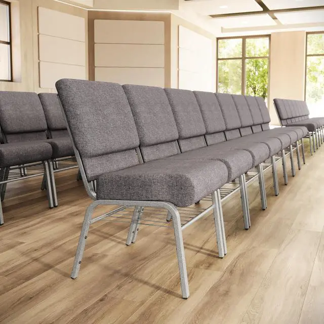 Alt view image 2 of 7 - HERCULES Series 21''W Church Chair in Gray Fabric with Book Rack - Silver Vein Frame