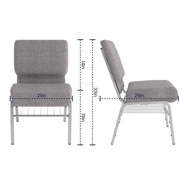 Alt view image 3 of 7 - HERCULES Series 21''W Church Chair in Gray Fabric with Book Rack - Silver Vein Frame