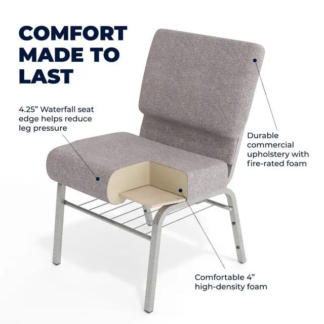 Alt view image 5 of 7 - HERCULES Series 21''W Church Chair in Gray Fabric with Book Rack - Silver Vein Frame