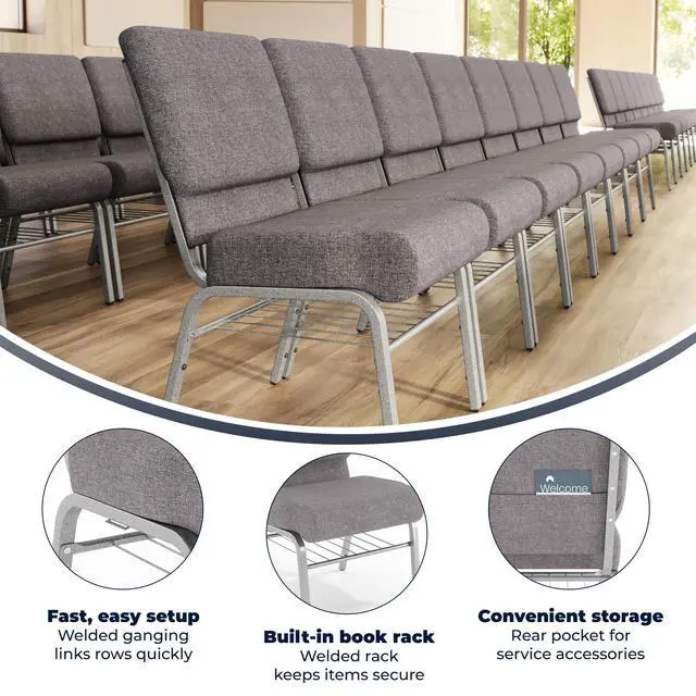 Alt view image 4 of 7 - HERCULES Series 21''W Church Chair in Gray Fabric with Book Rack - Silver Vein Frame