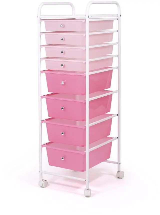 Main image of 8 Drawer Rolling Storage Cart with Wheels, Slim Plastic Organizer Trolley for Crafts, Office, School, Makeup & More, Metal Frame, Pink