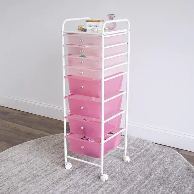Alt view image 2 of 6 - 8 Drawer Rolling Storage Cart with Wheels, Slim Plastic Organizer Trolley for Crafts, Office, School, Makeup & More, Metal Frame, Pink