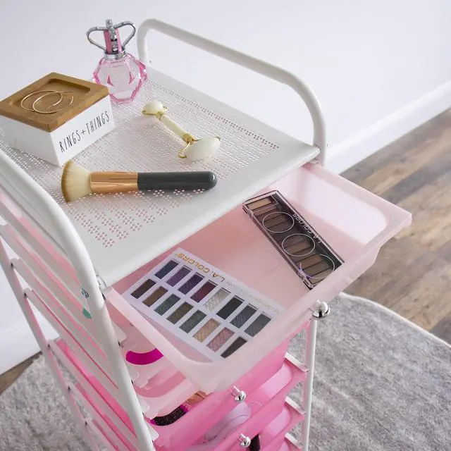 Alt view image 4 of 6 - 8 Drawer Rolling Storage Cart with Wheels, Slim Plastic Organizer Trolley for Crafts, Office, School, Makeup & More, Metal Frame, Pink