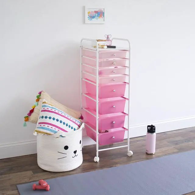 Alt view image 3 of 6 - 8 Drawer Rolling Storage Cart with Wheels, Slim Plastic Organizer Trolley for Crafts, Office, School, Makeup & More, Metal Frame, Pink