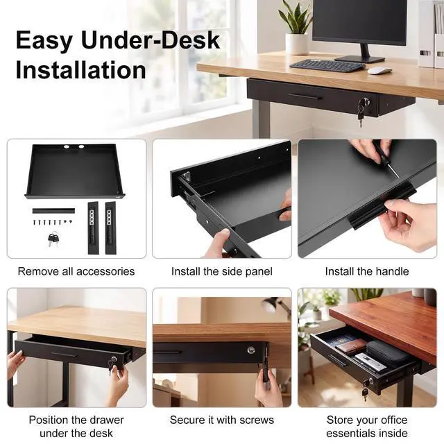 Alt view image 7 of 7 - 22'' x 14'' Under Desk Drawer Slide Out Storage Organizer, Lockable Metal Desk Drawer for Laptop and Office Accessories, Large Hidden Under Table Storage Box with Cable Management, Black
