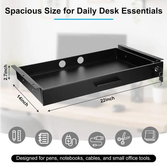 Alt view image 2 of 7 - 22'' x 14'' Under Desk Drawer Slide Out Storage Organizer, Lockable Metal Desk Drawer for Laptop and Office Accessories, Large Hidden Under Table Storage Box with Cable Management, Black