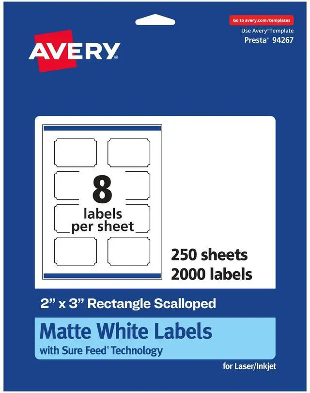 Main image of ® Matte White Scalloped Rectangle Labels, Sure Feed® Technology, 2" x 3", 2,000 Matte White Printable Labels