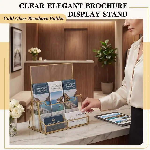 Alt view image 2 of 7 - 2 Pcs 8.5 x 11 Inches Gold Glass Brochure Holder Countertop Literature Trifold Pamphlet Stand with Business Name Cardholder Flyer Brochure Display for Magazine, Booklet, Menu, Journal Display
