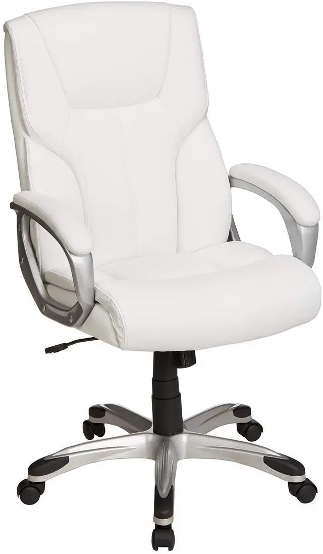 Main image of Executive High Back Office Desk Chair, Adjustable Height, Tilt, Swivel, 275lb Capacity, Bonded Leather, White/Pewter