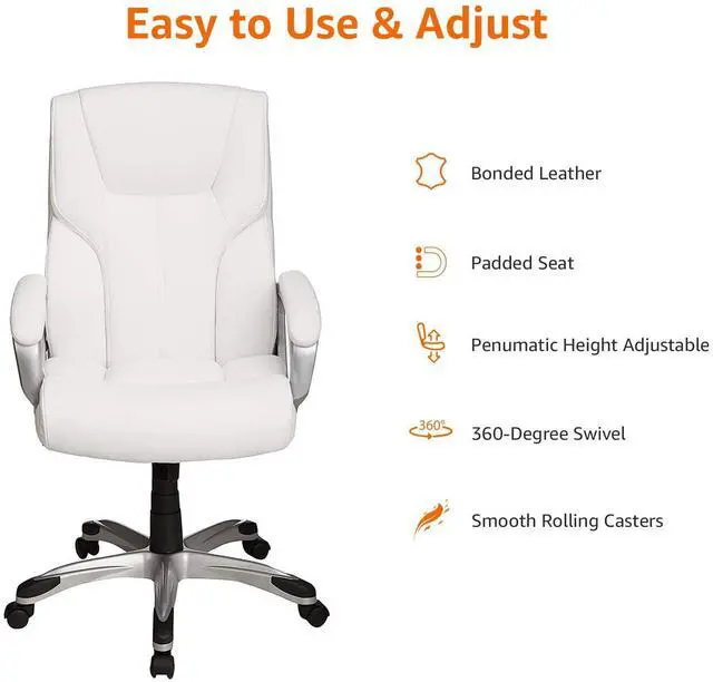Alt view image 4 of 6 - Executive High Back Office Desk Chair, Adjustable Height, Tilt, Swivel, 275lb Capacity, Bonded Leather, White/Pewter