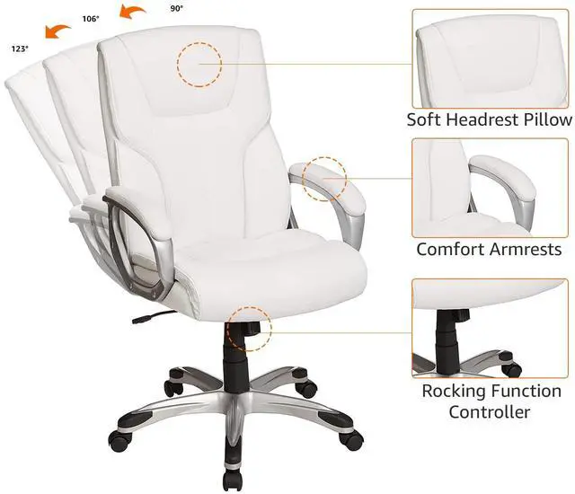Alt view image 5 of 6 - Executive High Back Office Desk Chair, Adjustable Height, Tilt, Swivel, 275lb Capacity, Bonded Leather, White/Pewter