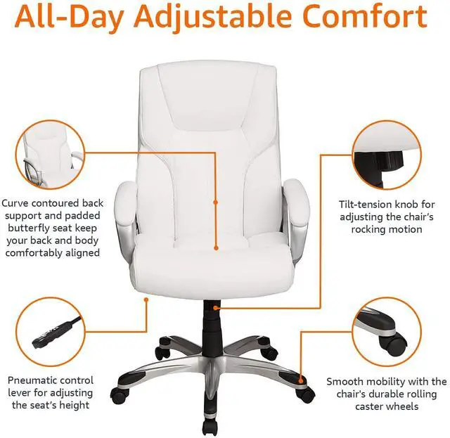 Alt view image 6 of 6 - Executive High Back Office Desk Chair, Adjustable Height, Tilt, Swivel, 275lb Capacity, Bonded Leather, White/Pewter