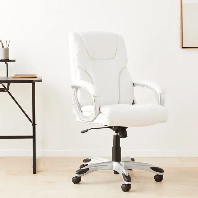 Alt view image 2 of 6 - Executive High Back Office Desk Chair, Adjustable Height, Tilt, Swivel, 275lb Capacity, Bonded Leather, White/Pewter