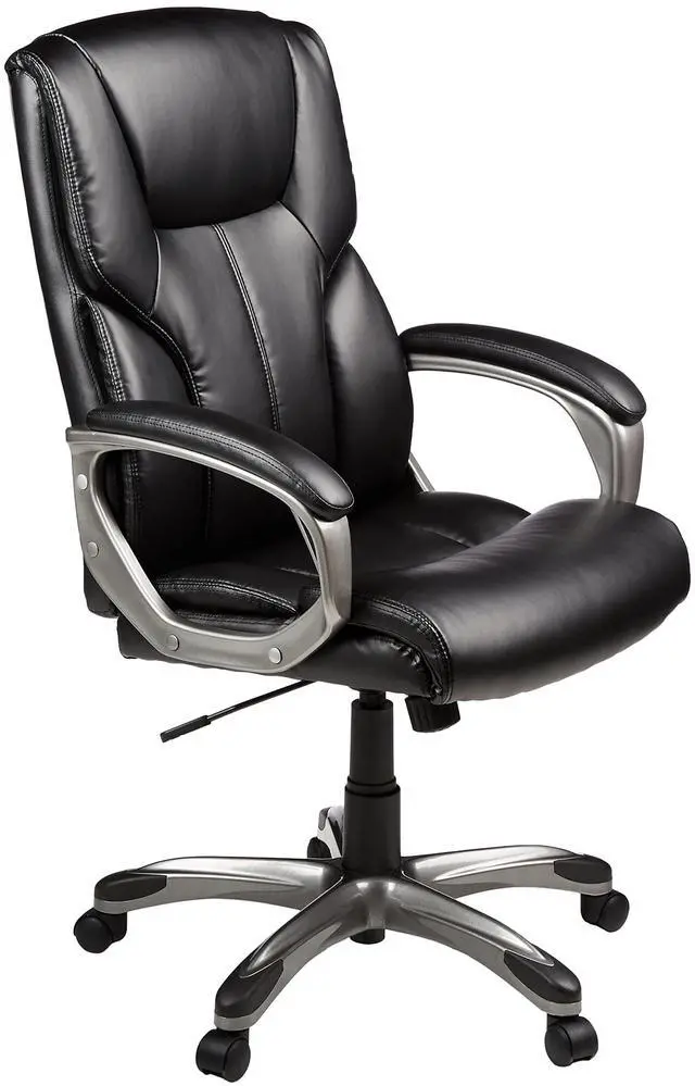 Main image of Executive High Back Office Chair, Adjustable Height, Tilt, Swivel, Padded Seat, Bonded Leather, Wheels, Black/Silver