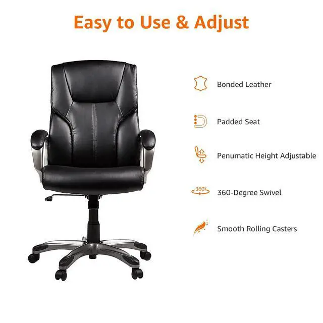 Alt view image 4 of 6 - Executive High Back Office Chair, Adjustable Height, Tilt, Swivel, Padded Seat, Bonded Leather, Wheels, Black/Silver