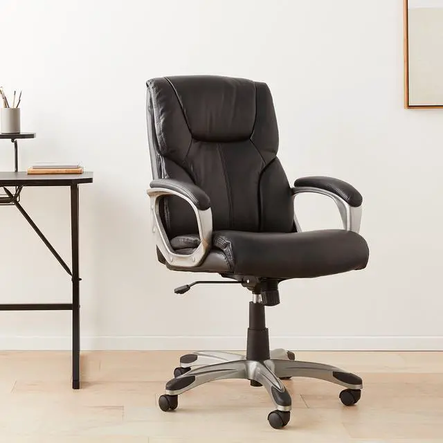 Alt view image 2 of 6 - Executive High Back Office Chair, Adjustable Height, Tilt, Swivel, Padded Seat, Bonded Leather, Wheels, Black/Silver