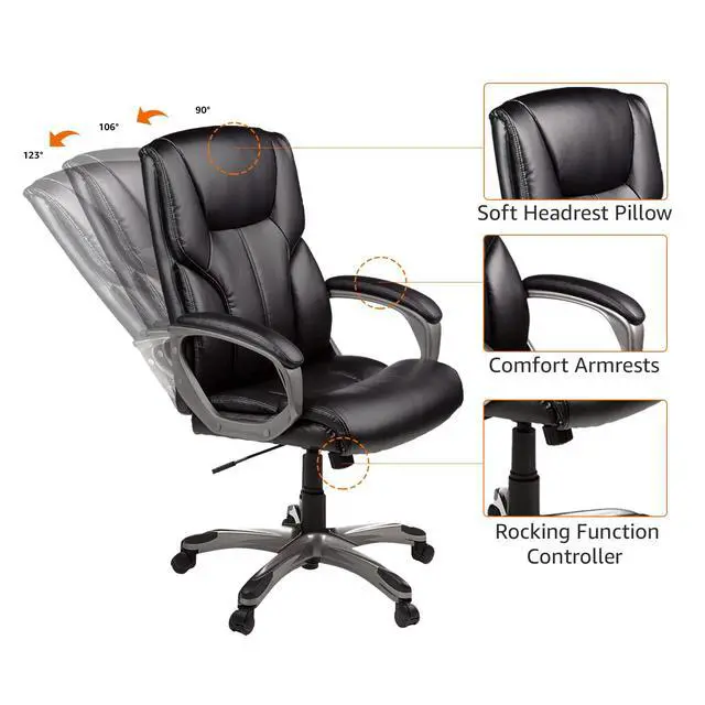 Alt view image 5 of 6 - Executive High Back Office Chair, Adjustable Height, Tilt, Swivel, Padded Seat, Bonded Leather, Wheels, Black/Silver