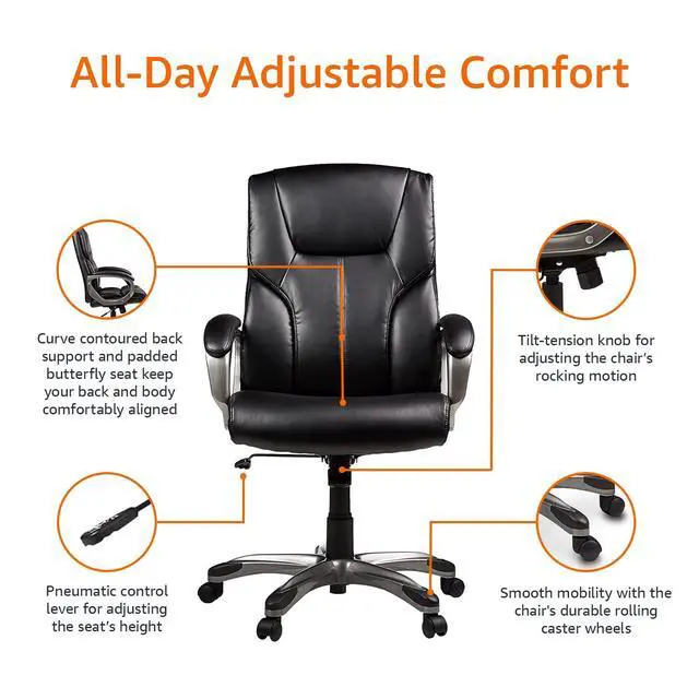 Alt view image 6 of 6 - Executive High Back Office Chair, Adjustable Height, Tilt, Swivel, Padded Seat, Bonded Leather, Wheels, Black/Silver