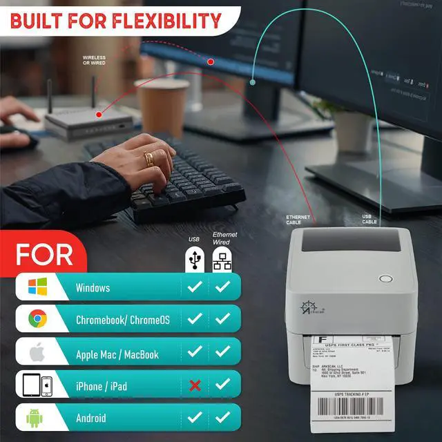 Alt view image 4 of 7 - 2054K-LAN (Upgrade of 2054A-LAN) Ethernet Network Shipping Label Printer for Windows Mac Chromebook Android Support Amazon Etsy ShipStation UPS USPS FedEx, 4x6 Direct Thermal