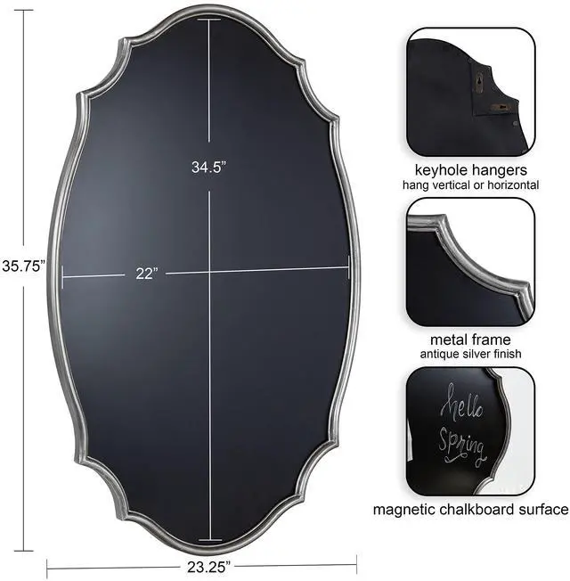 Main image of Leanna Decorative Scalloped Metal Chalkboard, 24 x 36, Silver, Framed Rounded Oval Vintage Chalkboard for Unique Display, Organization, and Decor