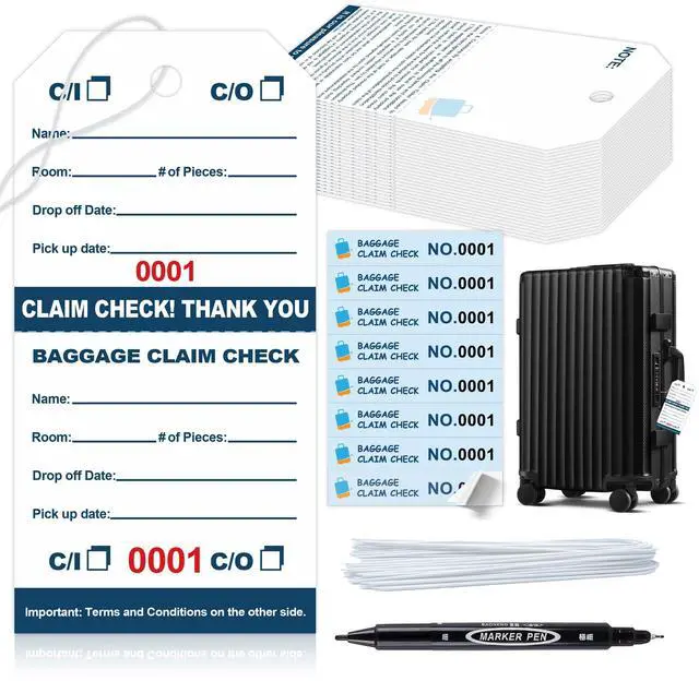 Main image of 1000 Pcs Hotel Luggage Claim Tags 001 to 1000 with Strings 4-3/4 x 2-3/8 Inch with 8 Labels & Matching Numbers Durable Paper Baggage Check Tags with Stubs for Hotels Storage and Transport (1000)