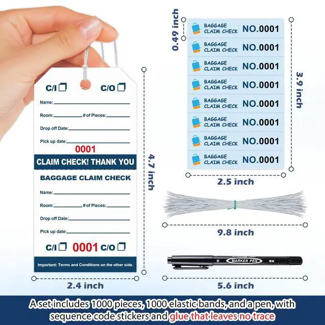 Alt view image 2 of 7 - 1000 Pcs Hotel Luggage Claim Tags 001 to 1000 with Strings 4-3/4 x 2-3/8 Inch with 8 Labels & Matching Numbers Durable Paper Baggage Check Tags with Stubs for Hotels Storage and Transport (1000)