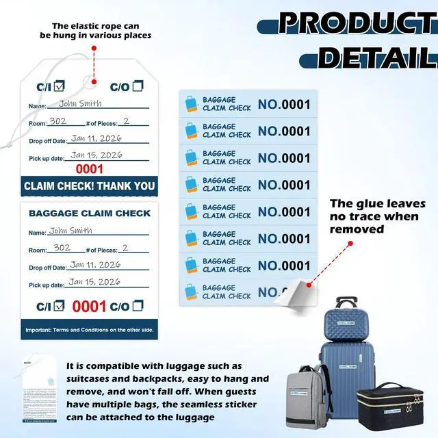 Alt view image 4 of 7 - 1000 Pcs Hotel Luggage Claim Tags 001 to 1000 with Strings 4-3/4 x 2-3/8 Inch with 8 Labels & Matching Numbers Durable Paper Baggage Check Tags with Stubs for Hotels Storage and Transport (1000)