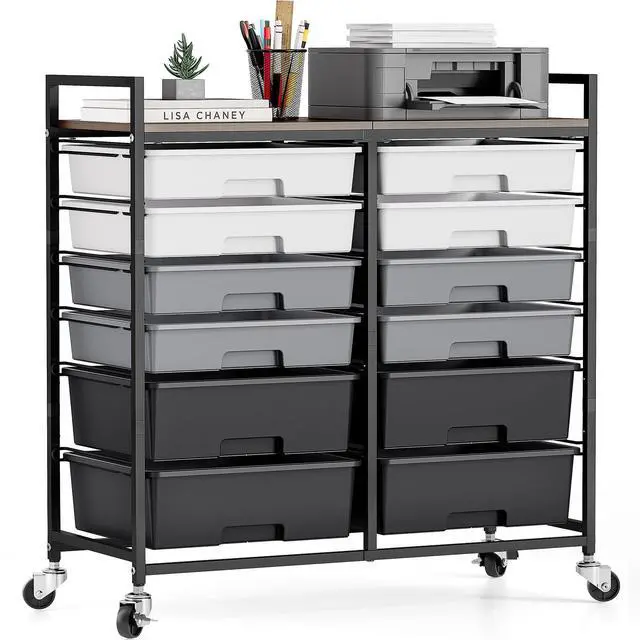 Main image of 12 Drawers Rolling Storage Cart with Wooden Top for Classroom,Grey | Teacher Cart Craft Art Supply Organizer, Utility Cart with Lockable Wheels for Home Household Essentials, Office Organization