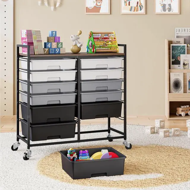Alt view image 2 of 7 - 12 Drawers Rolling Storage Cart with Wooden Top for Classroom,Grey | Teacher Cart Craft Art Supply Organizer, Utility Cart with Lockable Wheels for Home Household Essentials, Office Organization