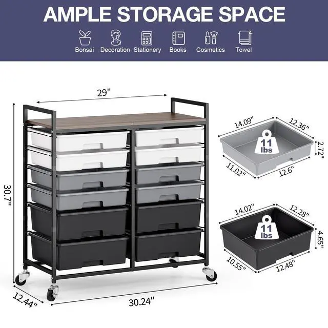 Alt view image 3 of 7 - 12 Drawers Rolling Storage Cart with Wooden Top for Classroom,Grey | Teacher Cart Craft Art Supply Organizer, Utility Cart with Lockable Wheels for Home Household Essentials, Office Organization