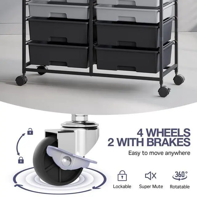 Alt view image 4 of 7 - 12 Drawers Rolling Storage Cart with Wooden Top for Classroom,Grey | Teacher Cart Craft Art Supply Organizer, Utility Cart with Lockable Wheels for Home Household Essentials, Office Organization
