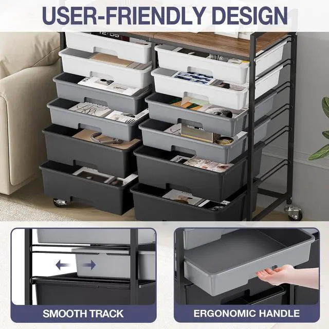Alt view image 5 of 7 - 12 Drawers Rolling Storage Cart with Wooden Top for Classroom,Grey | Teacher Cart Craft Art Supply Organizer, Utility Cart with Lockable Wheels for Home Household Essentials, Office Organization