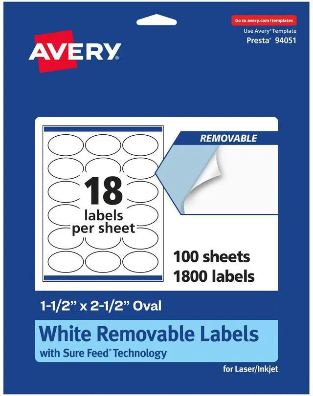 Main image of Matte White Removable Oval Labels, Sure Feed Technology, 1.5" x 2.5", 1,800 Removable Labels, Laser/Inkjet Printable