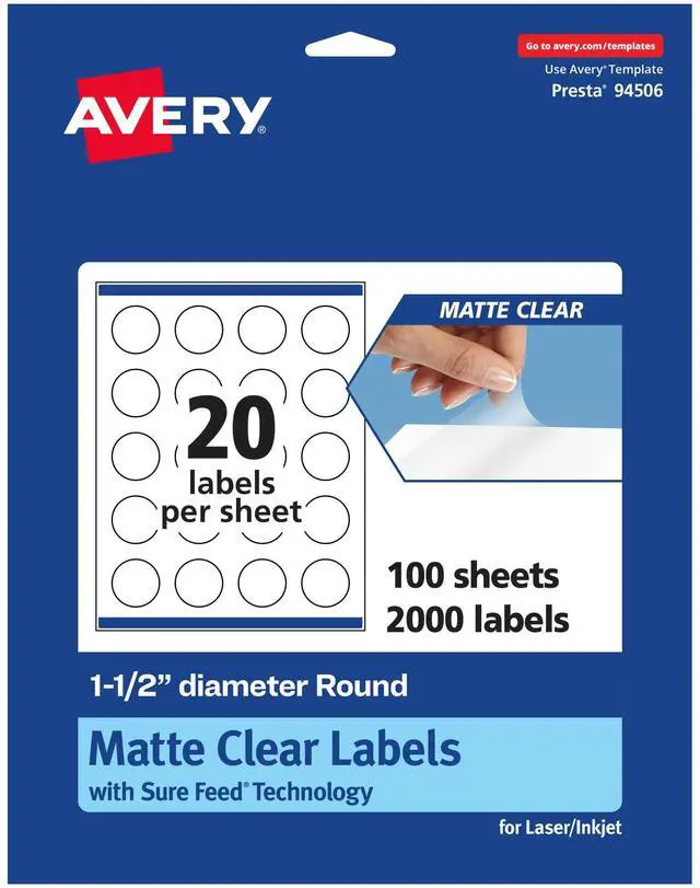 Main image of ® Matte Clear Round Labels, Sure Feed® Technology, 1.5" Diameter, 2,000 Matte Clear Labels, Print-to-The-Edge, Laser/Inkjet Printable