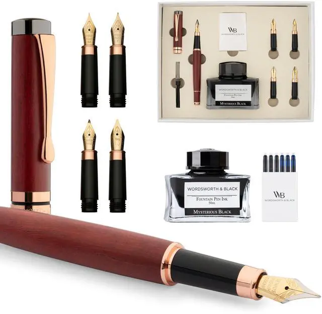 Main image of Luxury Bamboo Violet Fountain Pen Set, 4 Nibs | Fountain Ink Bottle, Cartridges, Refill Converter, Gift for Men, Women, Smooth Writing, Journaling, Lettering