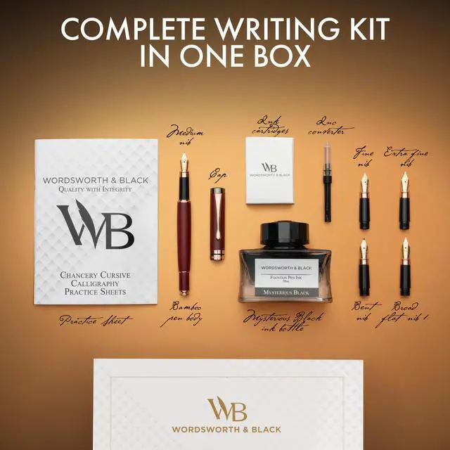 Alt view image 3 of 6 - Luxury Bamboo Violet Fountain Pen Set, 4 Nibs | Fountain Ink Bottle, Cartridges, Refill Converter, Gift for Men, Women, Smooth Writing, Journaling, Lettering