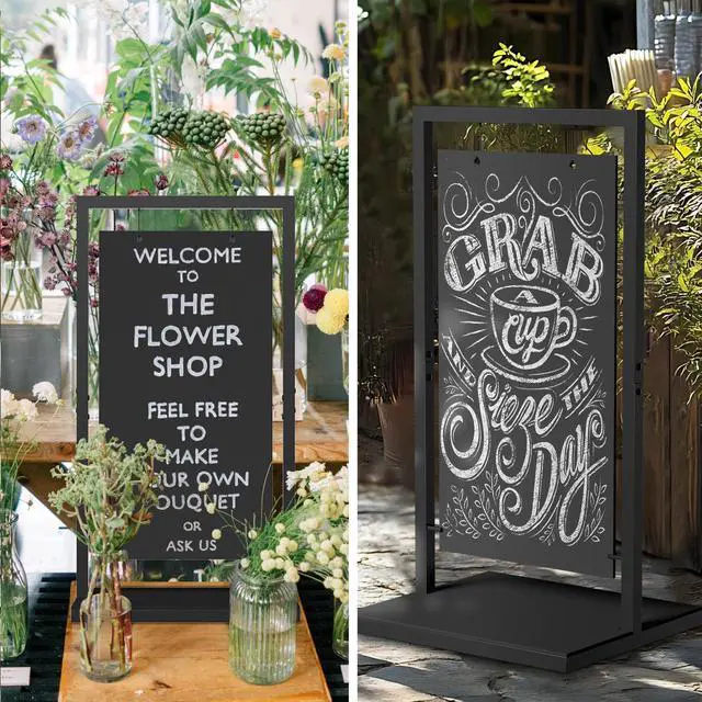 Alt view image 7 of 7 - Chalk Board Easel Sign, Sidewalk Sign 35" x 18" with Display Shelf,Free Standing Chalkboard Easel,Double-Sided Hanging Outdoor Chalkboard Sign for Café Bar, Bistro, Florist or Wedding