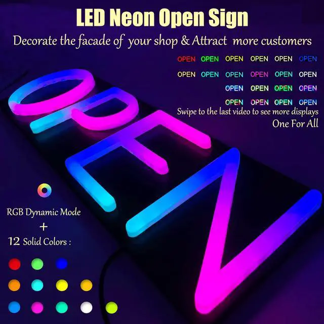 Alt view image 2 of 7 - Open Signs for Business,Neon Open Sign Led,20x7 inch with Remote Control,Bright Light Up Sign,Window Door Wall Mounted Bar Coffee Salon Store,12V/2A Horizontal RGB