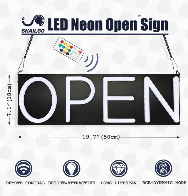 Alt view image 3 of 7 - Open Signs for Business,Neon Open Sign Led,20x7 inch with Remote Control,Bright Light Up Sign,Window Door Wall Mounted Bar Coffee Salon Store,12V/2A Horizontal RGB